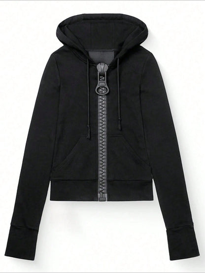 European And American Street Personality Large Zipper Color Matching Hooded Sweater Casual Solid Color Hoodie Jacket