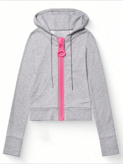 European And American Street Personality Large Zipper Color Matching Hooded Sweater Casual Solid Color Hoodie Jacket