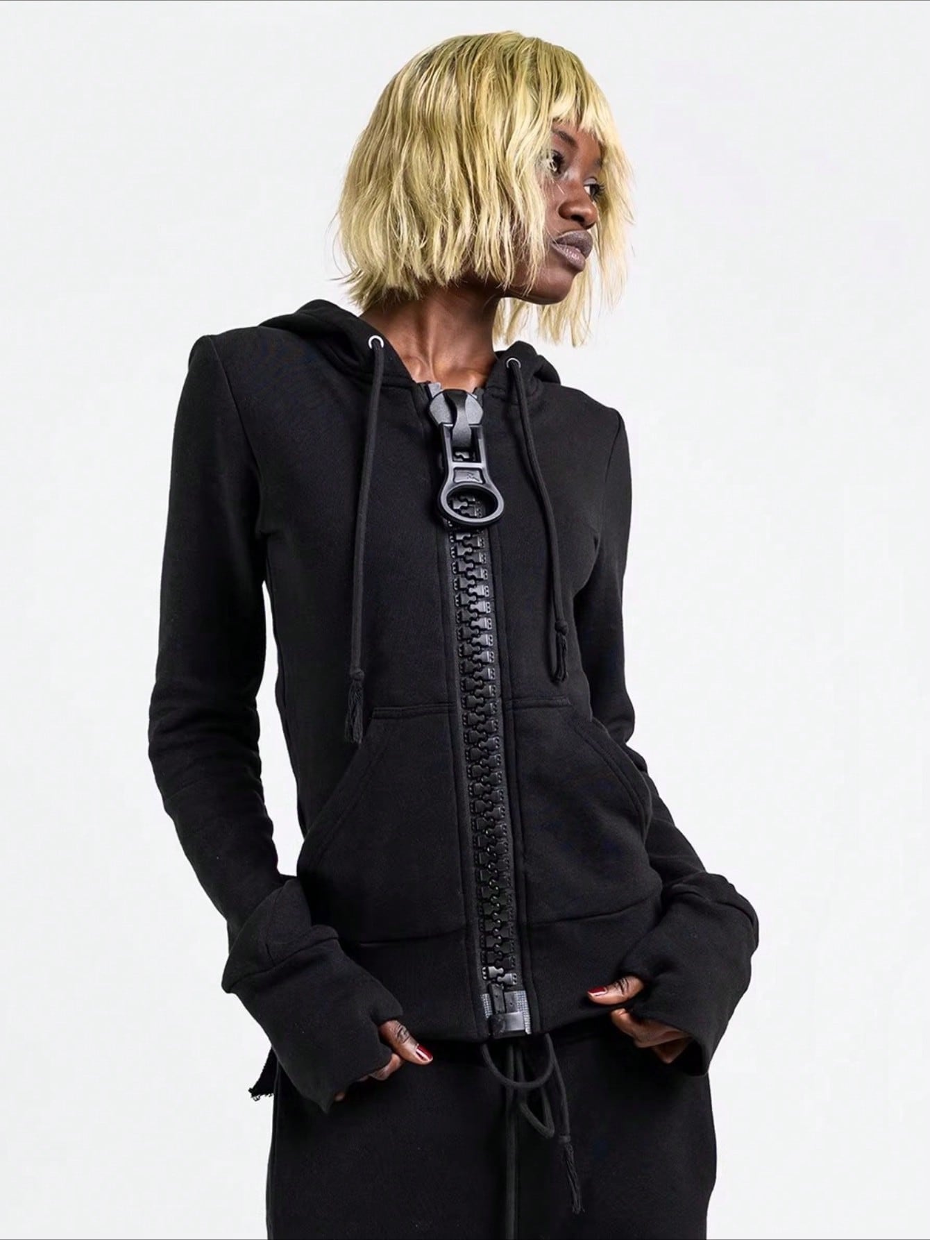 European And American Street Personality Large Zipper Color Matching Hooded Sweater Casual Solid Color Hoodie Jacket