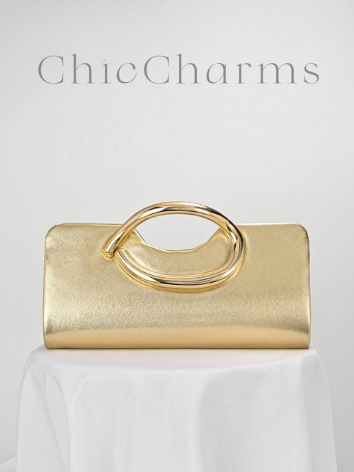 European And American Women's Gold Patchwork Pattern Design Evening Bag, Shiny Clutch Suitable For Fashion Parties, Balls, Romantic Weddings, Birthday Gatherings. Detachable Chain Can Be Worn On The S