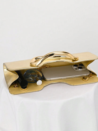 European And American Women's Gold Patchwork Pattern Design Evening Bag, Shiny Clutch Suitable For Fashion Parties, Balls, Romantic Weddings, Birthday Gatherings. Detachable Chain Can Be Worn On The S
