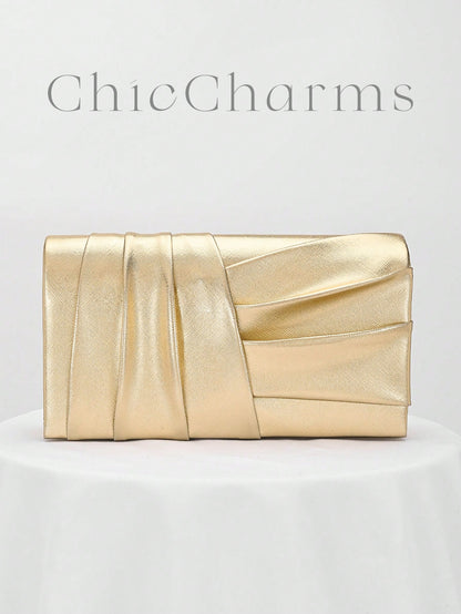 European And American Women's Gold Patchwork Pattern Design Evening Bag, Shiny Clutch Suitable For Fashion Parties, Balls, Romantic Weddings, Birthday Gatherings. Detachable Chain Can Be Worn On The S