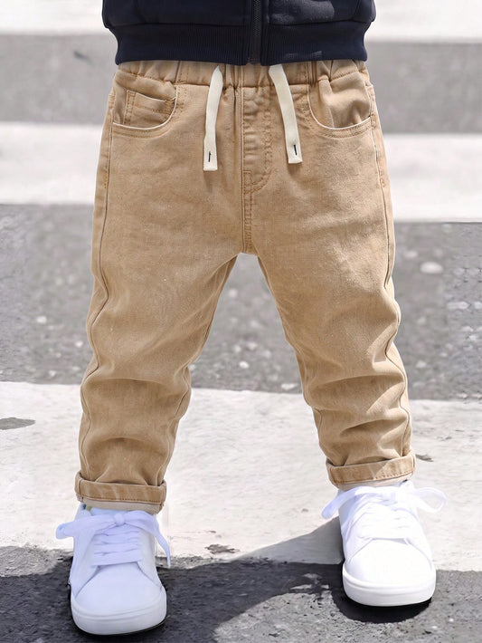 Explorewe Young Boy Elastic Waistband Drawstring All-Match Minimalist Versatile Comfortable Stretch Slim Fit Light Gray Jeans