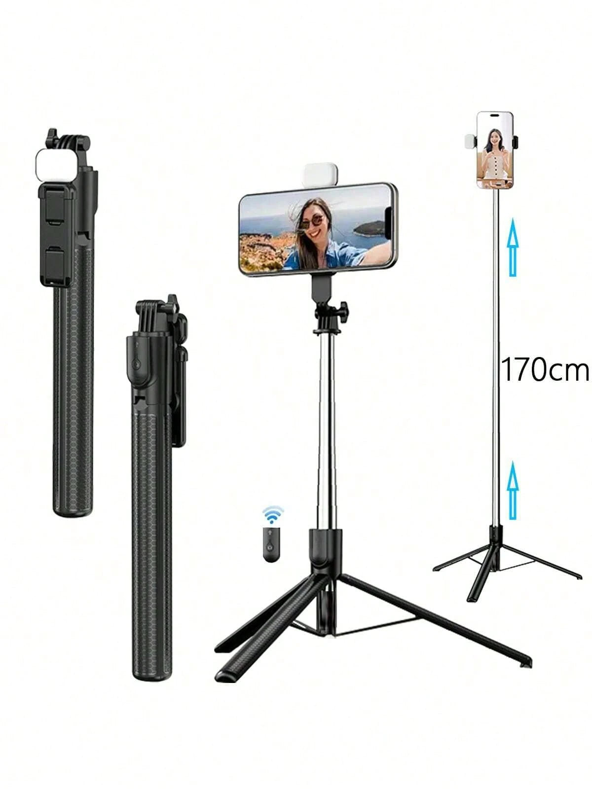 Extendable Phone Selfie Stick, Freestanding Tripod With Light And Wireless Remote, Foldable Rotatable Clamp, All-In-One Metal Telescopic Pole, Handheld Portable For Video, Live Streaming