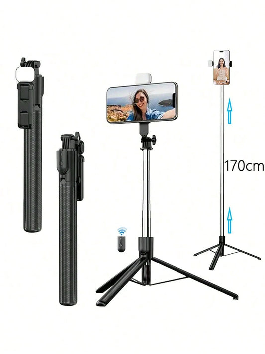 Extendable Phone Selfie Stick, Freestanding Tripod With Light And Wireless Remote, Foldable Rotatable Clamp, All-In-One Metal Telescopic Pole, Handheld Portable For Video, Live Streaming