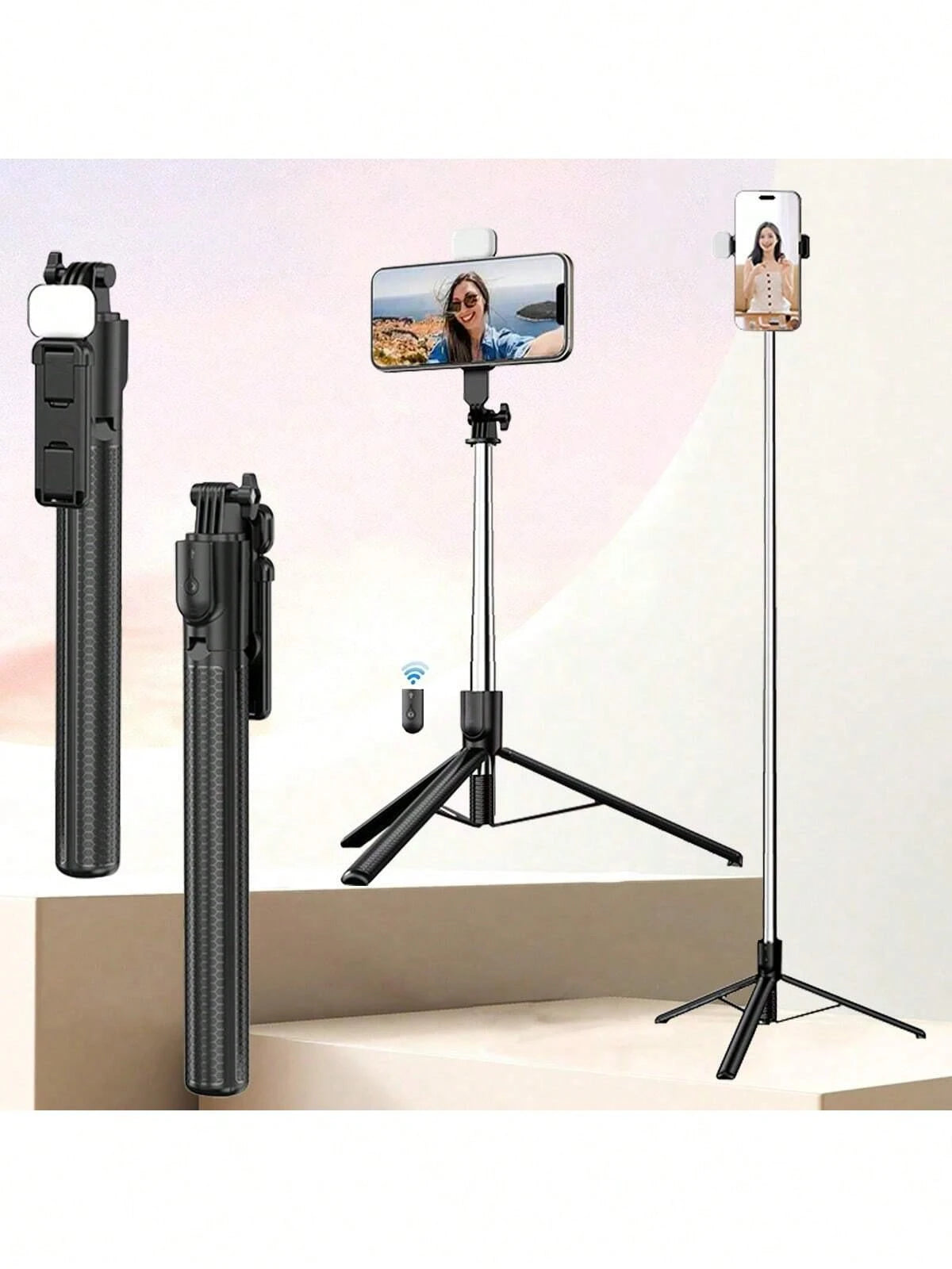Extendable Phone Selfie Stick, Freestanding Tripod With Light And Wireless Remote, Foldable Rotatable Clamp, All-In-One Metal Telescopic Pole, Handheld Portable For Video, Live Streaming