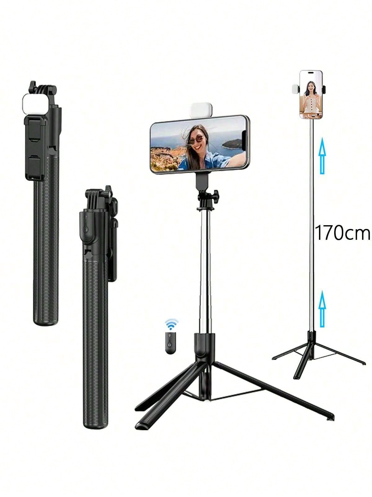 Extendable Phone Selfie Stick, Freestanding Tripod With Light And Wireless Remote, Foldable Rotatable Clamp, All-In-One Metal Telescopic Pole, Handheld Portable For Video, Live Streaming