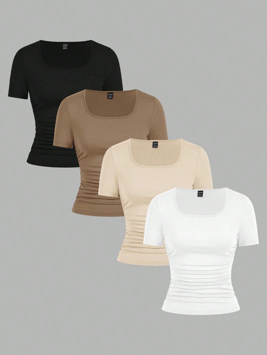 EZwear 4pcs/Set Minimalist Plain Crew Neck Short Sleeve T-Shirts For Women, Comfortable Casual, Suitable Spring/Summer,Back To School
