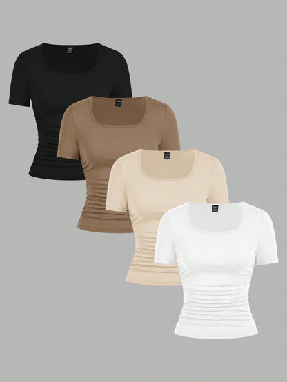 EZwear 4pcs/Set Minimalist Plain Crew Neck Short Sleeve T-Shirts For Women, Comfortable Casual, Suitable Spring/Summer,Back To School