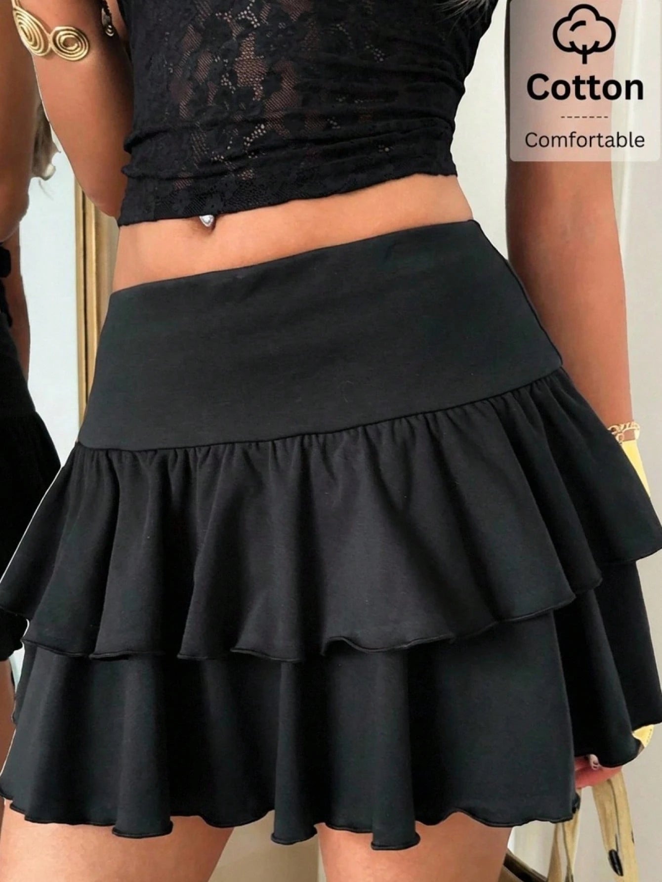 EZwear Autumn Ruffle Skirt Graduation Black Knit High Stretch Pleated Skirt Night Y2k Cute