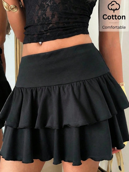 EZwear Autumn Ruffle Skirt Graduation Black Knit High Stretch Pleated Skirt Night Y2k Cute