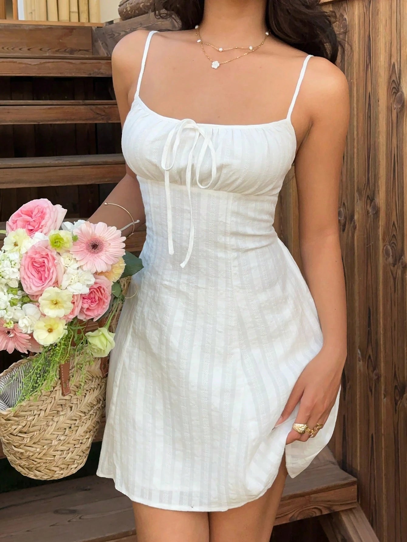 EZwear Elegant French All White Striped Sleeveless Fitted Flared Mini Dress,Modest Cinched Waist Front Tie Summer Holiday Vacation Dresses For Women