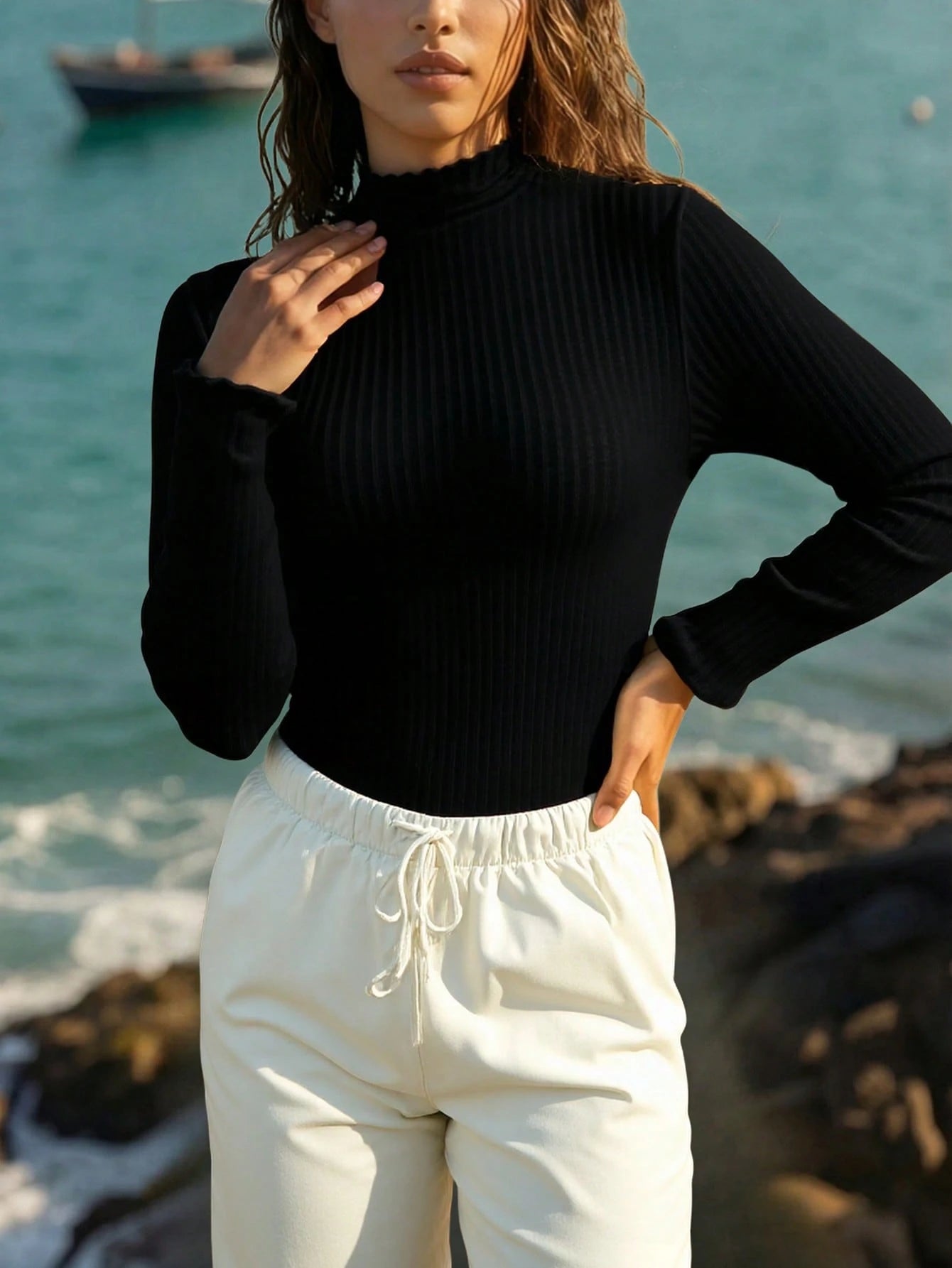 EZwear Knit Ribbed Plus Size Women's T-Shirt, Summer Outfits, Beach Outfits For Women, Summer Holiday Outfits, Holiday Outfits Fall