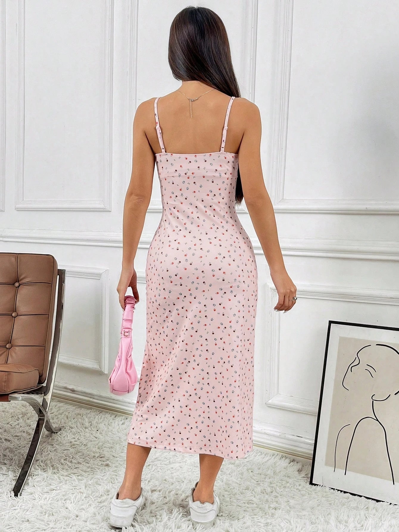 EZwear Mid-Length Sleeveless Side Slit Bodycon Dress With Red & Blue Ditsy Floral Print, Spring/Summer
