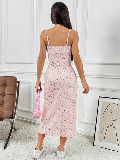 EZwear Mid-Length Sleeveless Side Slit Bodycon Dress With Red & Blue Ditsy Floral Print, Spring/Summer