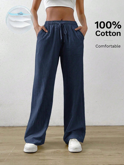 EZwear Navy Blue Cotton And Linen Drawstring Waist Slant Pocket Wide Leg Pants