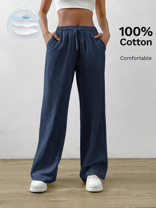 EZwear Navy Blue Cotton And Linen Drawstring Waist Slant Pocket Wide Leg Pants