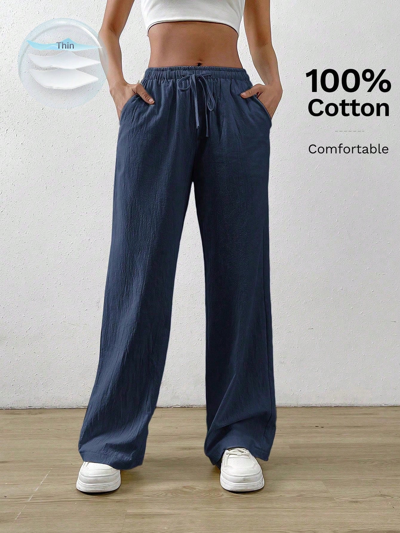 EZwear Navy Blue Cotton And Linen Drawstring Waist Slant Pocket Wide Leg Pants