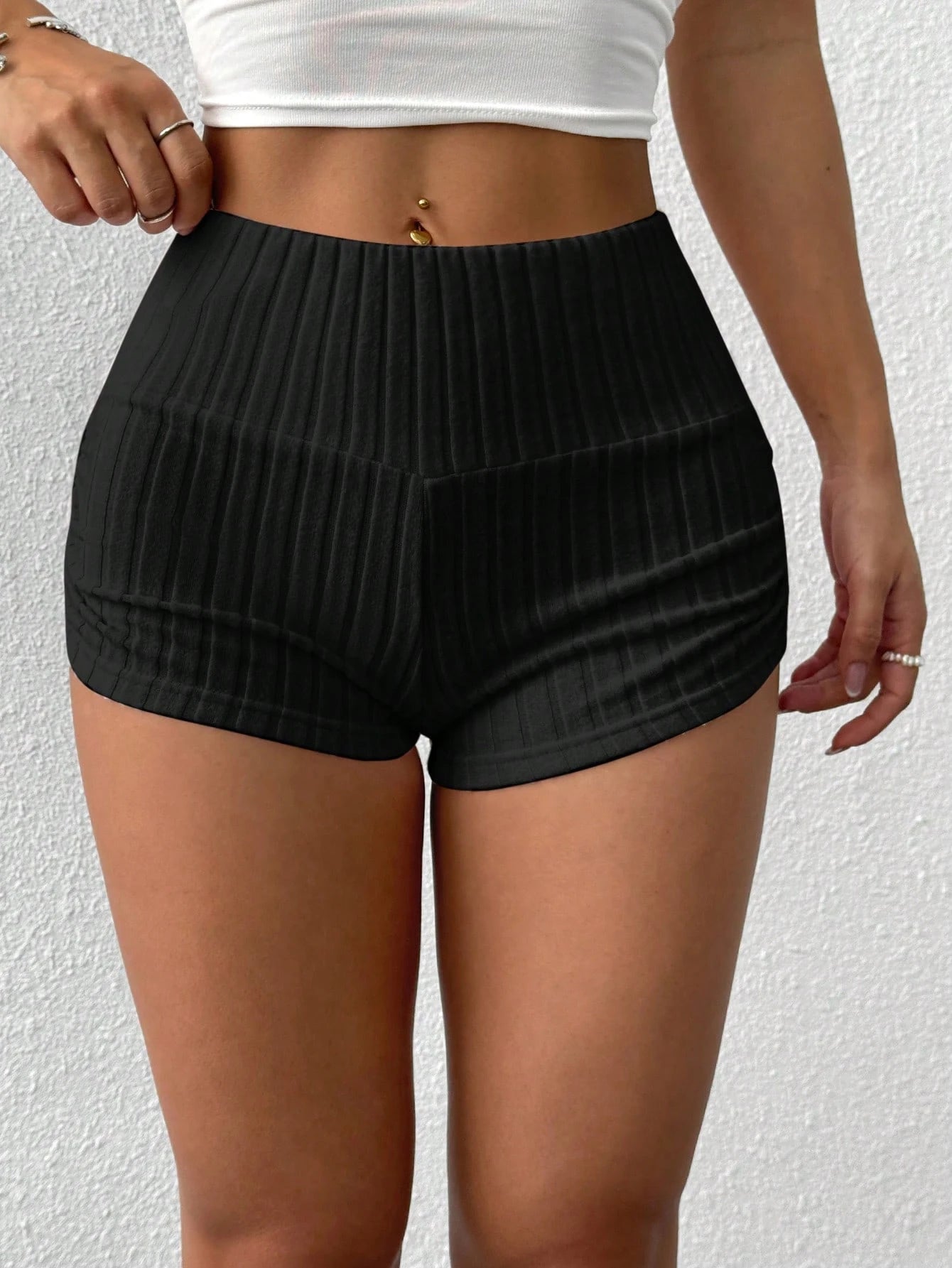 EZwear Women's Black Ruched Knit Shorts, Fashionable For Summer