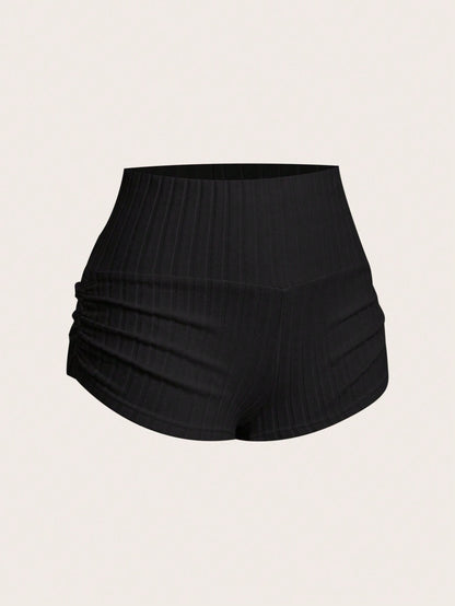 EZwear Women's Black Ruched Knit Shorts, Fashionable For Summer