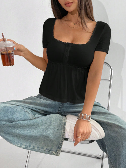EZwear Women's Casual Square Neck Short Sleeve Black T-Shirt Top, Summer