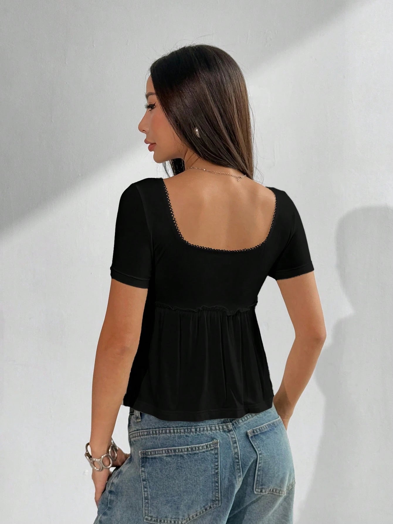 EZwear Women's Casual Square Neck Short Sleeve Black T-Shirt Top, Summer