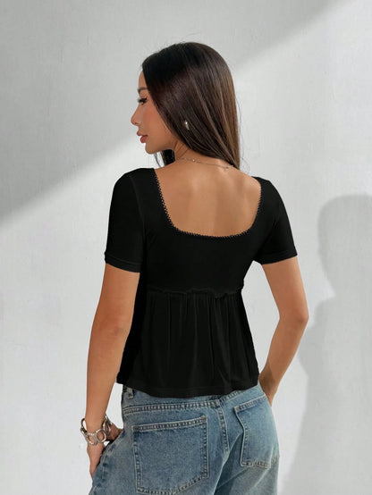 EZwear Women's Casual Square Neck Short Sleeve Black T-Shirt Top, Summer