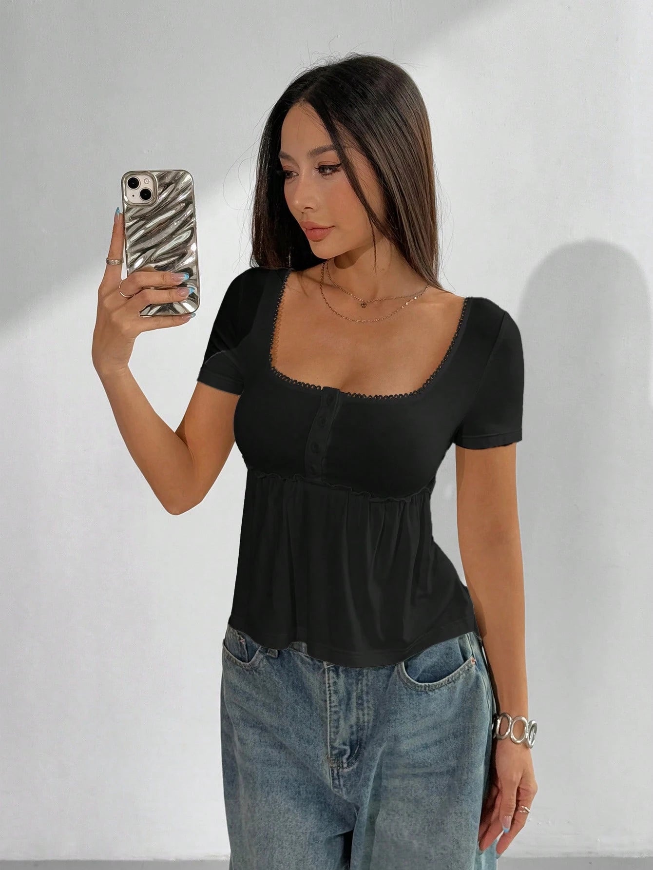 EZwear Women's Casual Square Neck Short Sleeve Black T-Shirt Top, Summer