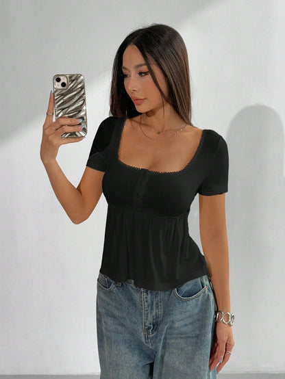 EZwear Women's Casual Square Neck Short Sleeve Black T-Shirt Top, Summer
