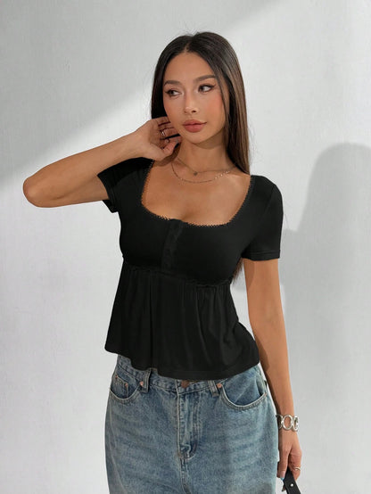 EZwear Women's Casual Square Neck Short Sleeve Black T-Shirt Top, Summer