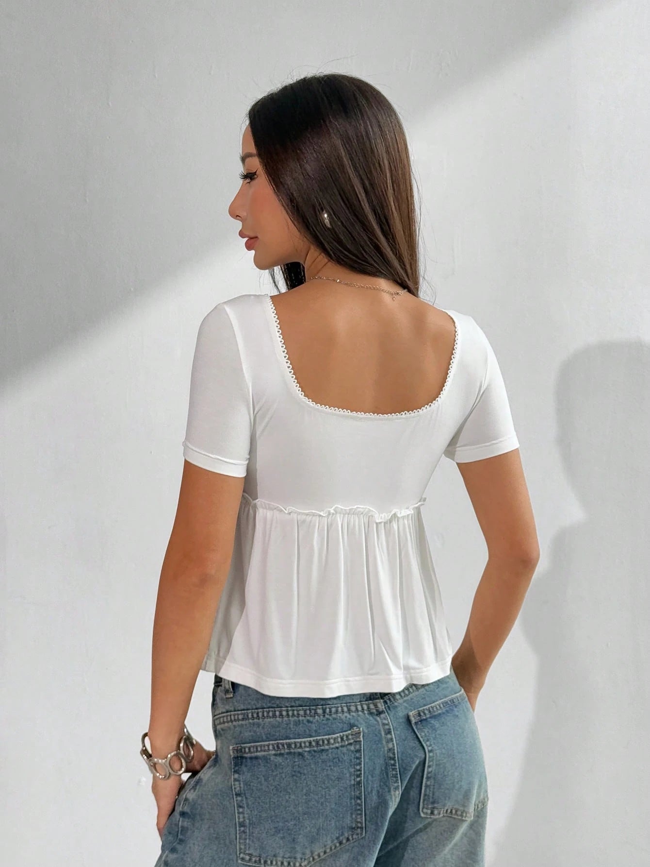 EZwear Women's Casual Square Neck Short Sleeve Black T-Shirt Top, Summer