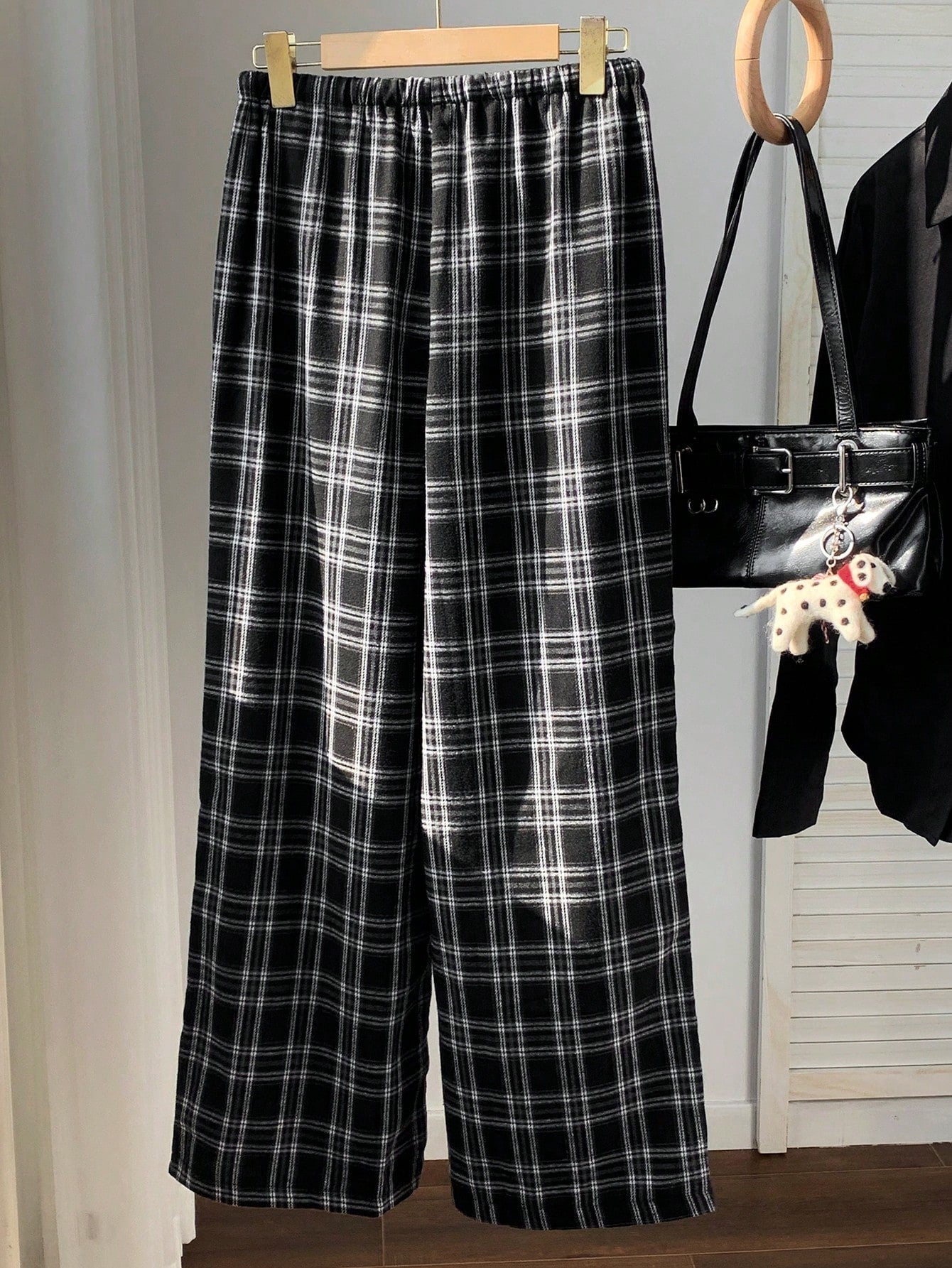 EZwear Women's Plaid Wide Leg Pants With Drawstring Waist