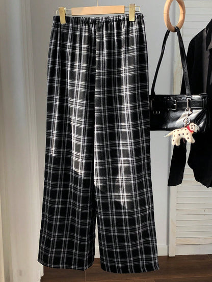 EZwear Women's Plaid Wide Leg Pants With Drawstring Waist