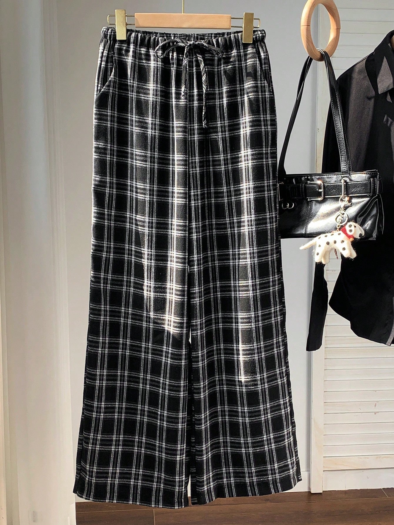 EZwear Women's Plaid Wide Leg Pants With Drawstring Waist