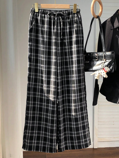 EZwear Women's Plaid Wide Leg Pants With Drawstring Waist