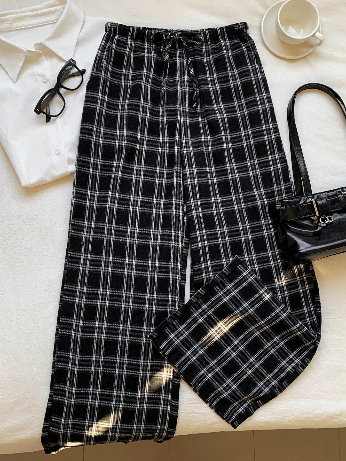 EZwear Women's Plaid Wide Leg Pants With Drawstring Waist