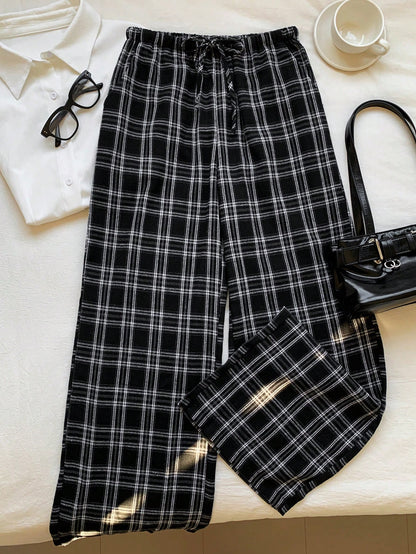 EZwear Women's Plaid Wide Leg Pants With Drawstring Waist