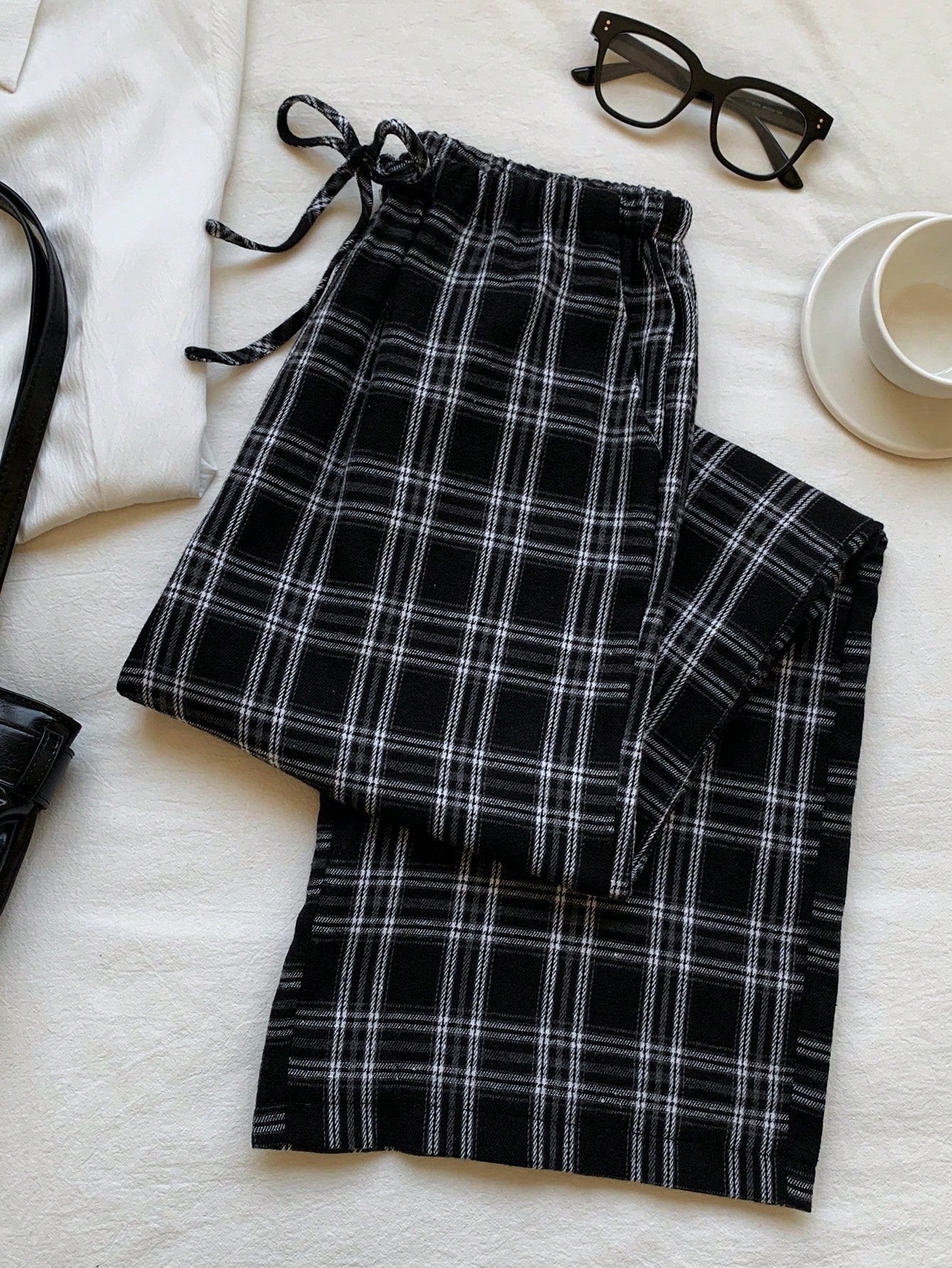 EZwear Women's Plaid Wide Leg Pants With Drawstring Waist