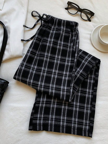 EZwear Women's Plaid Wide Leg Pants With Drawstring Waist