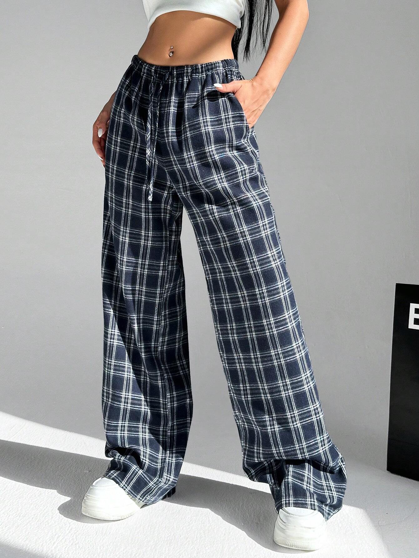 EZwear Women's Plaid Wide Leg Pants With Drawstring Waist