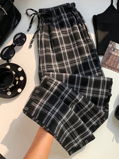 EZwear Women's Plaid Wide Leg Pants With Drawstring Waist