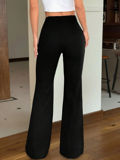 EZwear Women's Solid Color Front Button Casual Elegant Fitted Flare Black Pants Teachers' Day Work Business Office Autumn