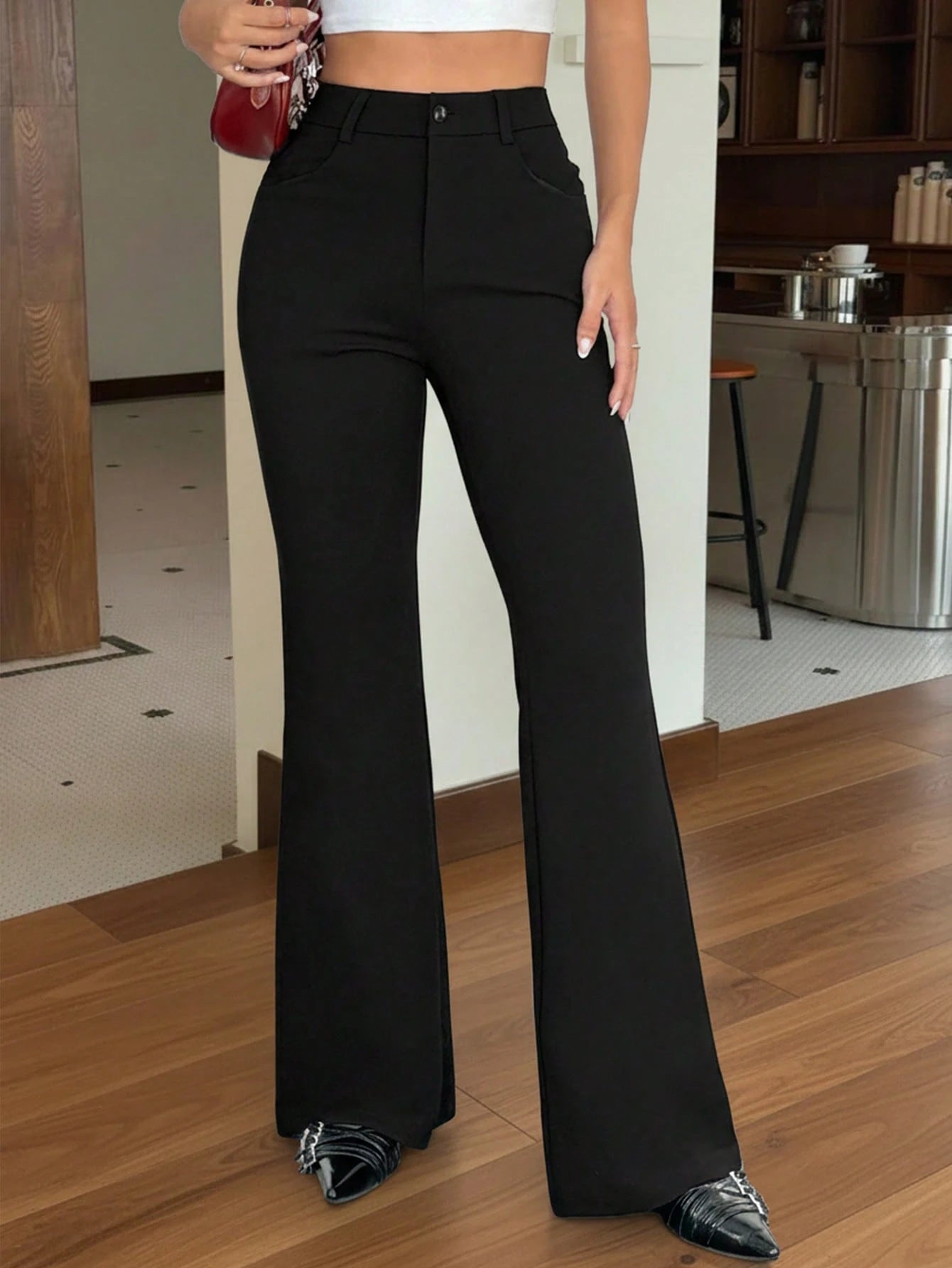 EZwear Women's Solid Color Front Button Casual Elegant Fitted Flare Black Pants Teachers' Day Work Business Office Autumn