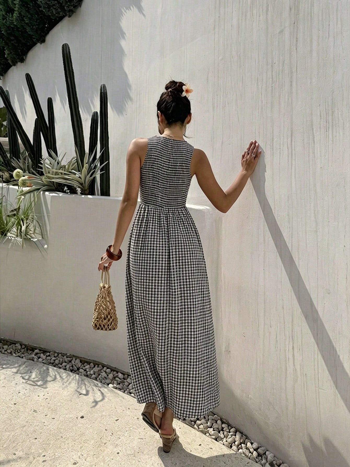 EZwear Women's Summer New Sleeveless Fitted Waist Simple Commute Casual Vacation Dress Red And White Plaid Long Dress Date Dress Romantic Dress Summer Holiday Outfit Summer Commute Dress Beach D