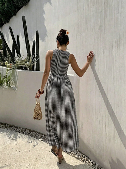 EZwear Women's Summer New Sleeveless Fitted Waist Simple Commute Casual Vacation Dress Red And White Plaid Long Dress Date Dress Romantic Dress Summer Holiday Outfit Summer Commute Dress Beach D