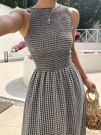 EZwear Women's Summer New Sleeveless Fitted Waist Simple Commute Casual Vacation Dress Red And White Plaid Long Dress Date Dress Romantic Dress Summer Holiday Outfit Summer Commute Dress Beach D