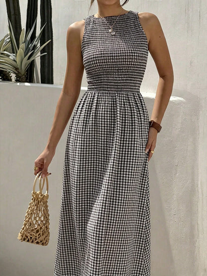 EZwear Women's Summer New Sleeveless Fitted Waist Simple Commute Casual Vacation Dress Red And White Plaid Long Dress Date Dress Romantic Dress Summer Holiday Outfit Summer Commute Dress Beach D