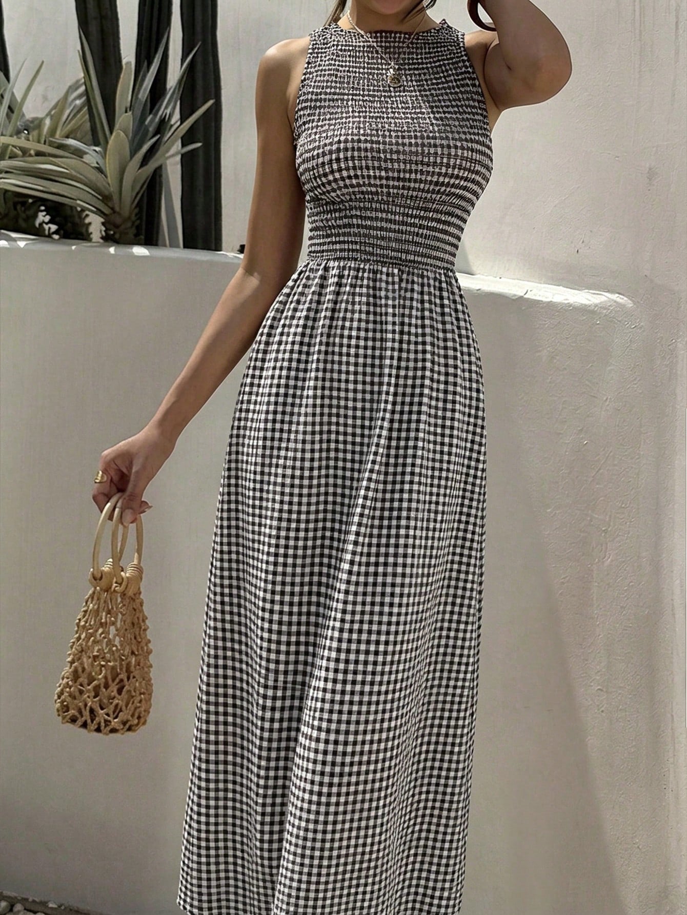 EZwear Women's Summer New Sleeveless Fitted Waist Simple Commute Casual Vacation Dress Red And White Plaid Long Dress Date Dress Romantic Dress Summer Holiday Outfit Summer Commute Dress Beach D