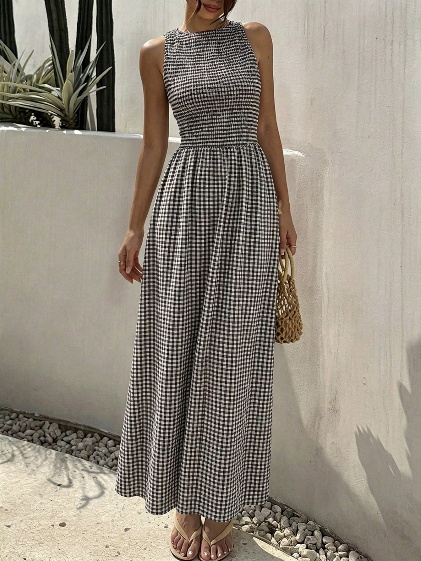 EZwear Women's Summer New Sleeveless Fitted Waist Simple Commute Casual Vacation Dress Red And White Plaid Long Dress Date Dress Romantic Dress Summer Holiday Outfit Summer Commute Dress Beach D