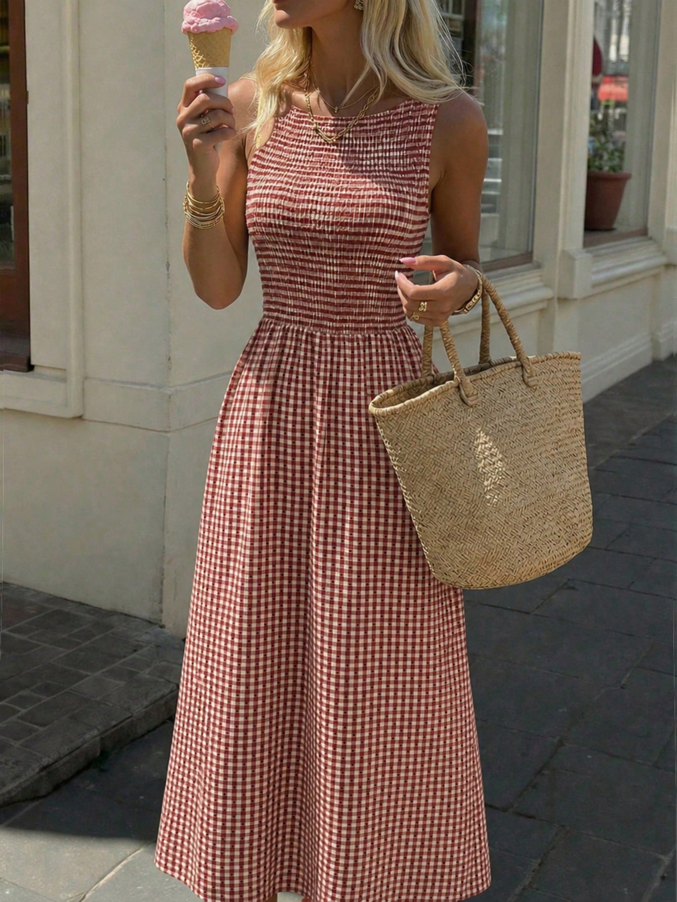 EZwear Women's Summer New Sleeveless Fitted Waist Simple Commute Casual Vacation Dress Red And White Plaid Long Dress Date Dress Romantic Dress Summer Holiday Outfit Summer Commute Dress Beach D